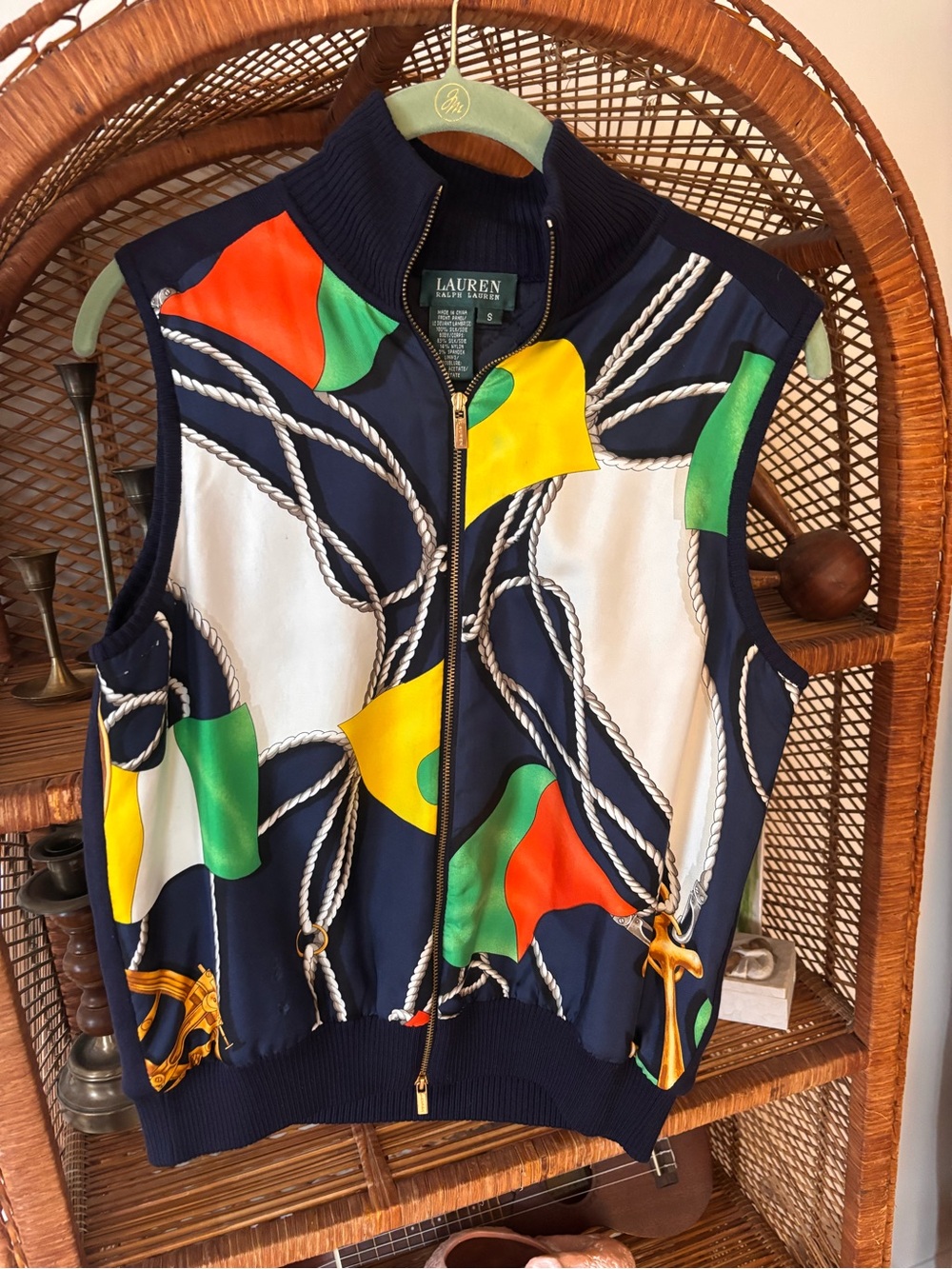 Lauren Ralph Lauren Nautical Silk Scarf Print Vest small LRL Navy Blue Anchor